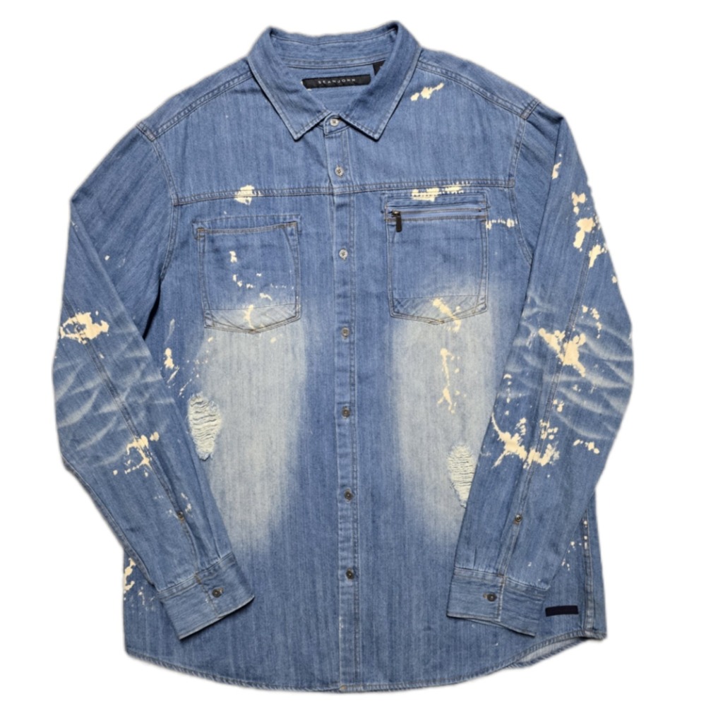 Vintage SEAN JOHN Denim Shirt Jacket Men's 3XL Distressed Paint Splatter Hip Hop